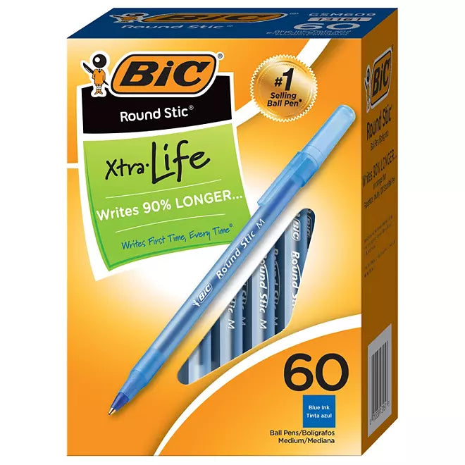 BIC Round Stic Xtra Life Ballpoint, 1mm, Medium, Blue, 60ct.