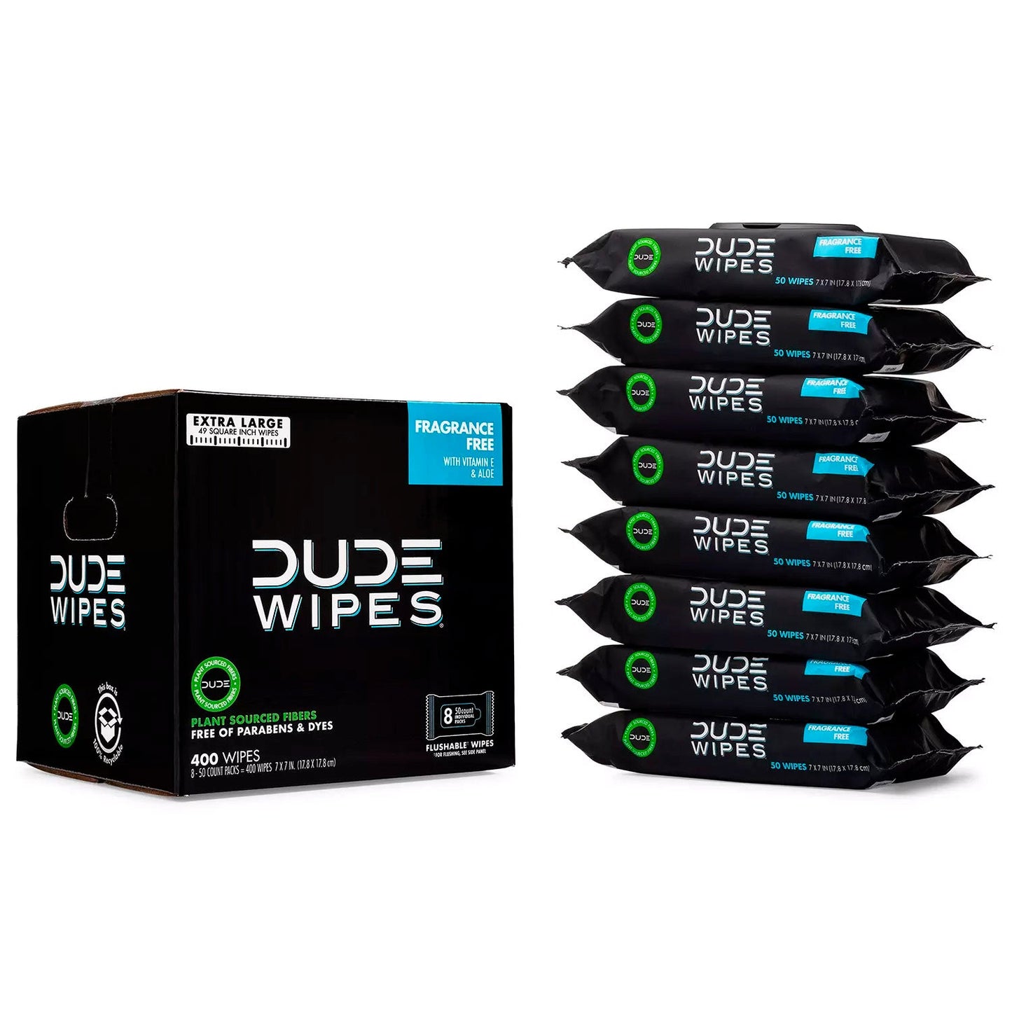 Dude Wipes, Extra Large, Fragance Free Flushable Wipes - 8 Packs, 50 Ct Each
