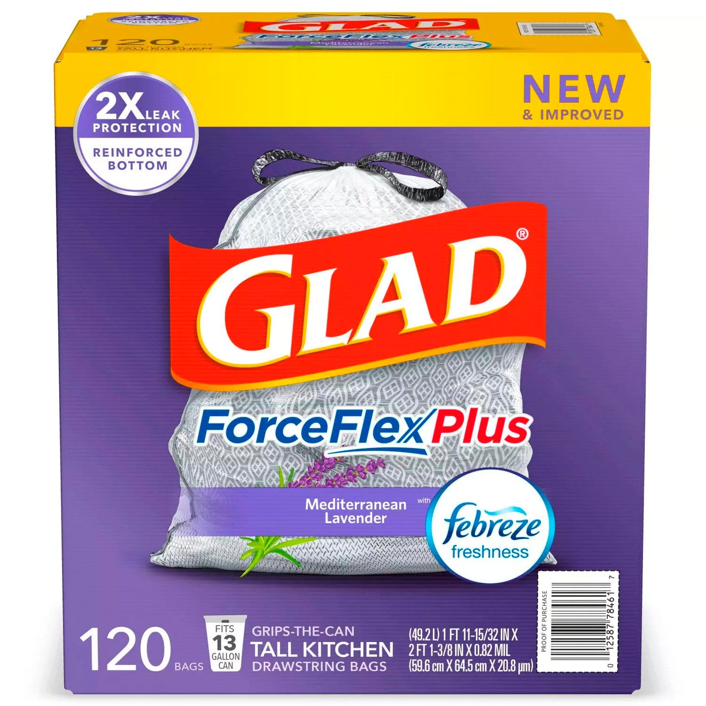 Glad ForceFlex Plus Tall Kitchen 13 Gallon Drawstring White Trash Bags, Mediterranean Lavender - 120 Ct