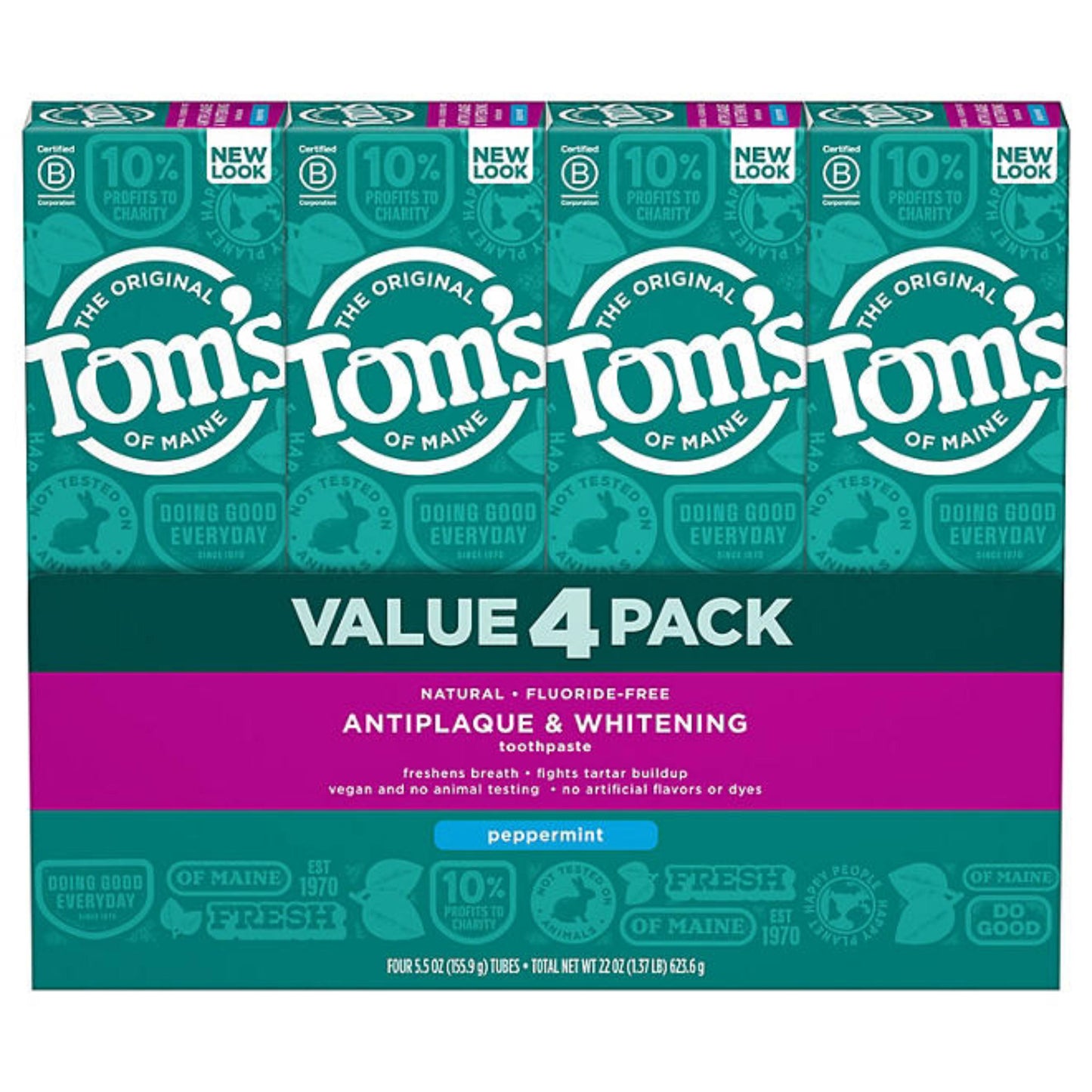 Tom's of Maine Fluoride-Free Antiplaque & Whitening Toothpaste, Peppermint - 5.5 Oz - 4 Pack