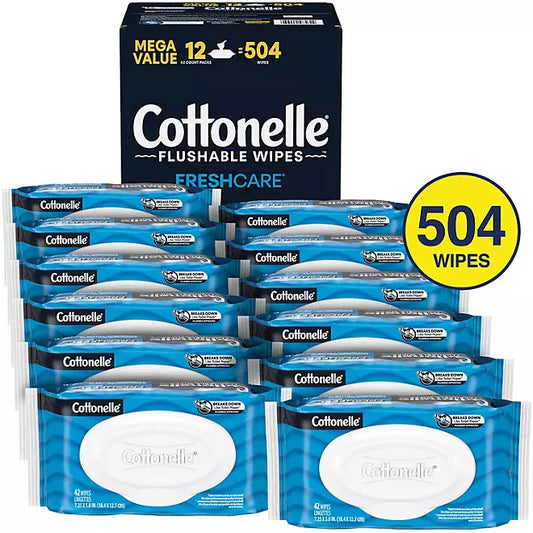 Cottonelle Flushable Wet Wipes, Flip-Top Packs , 504 wipes, 12 Pack