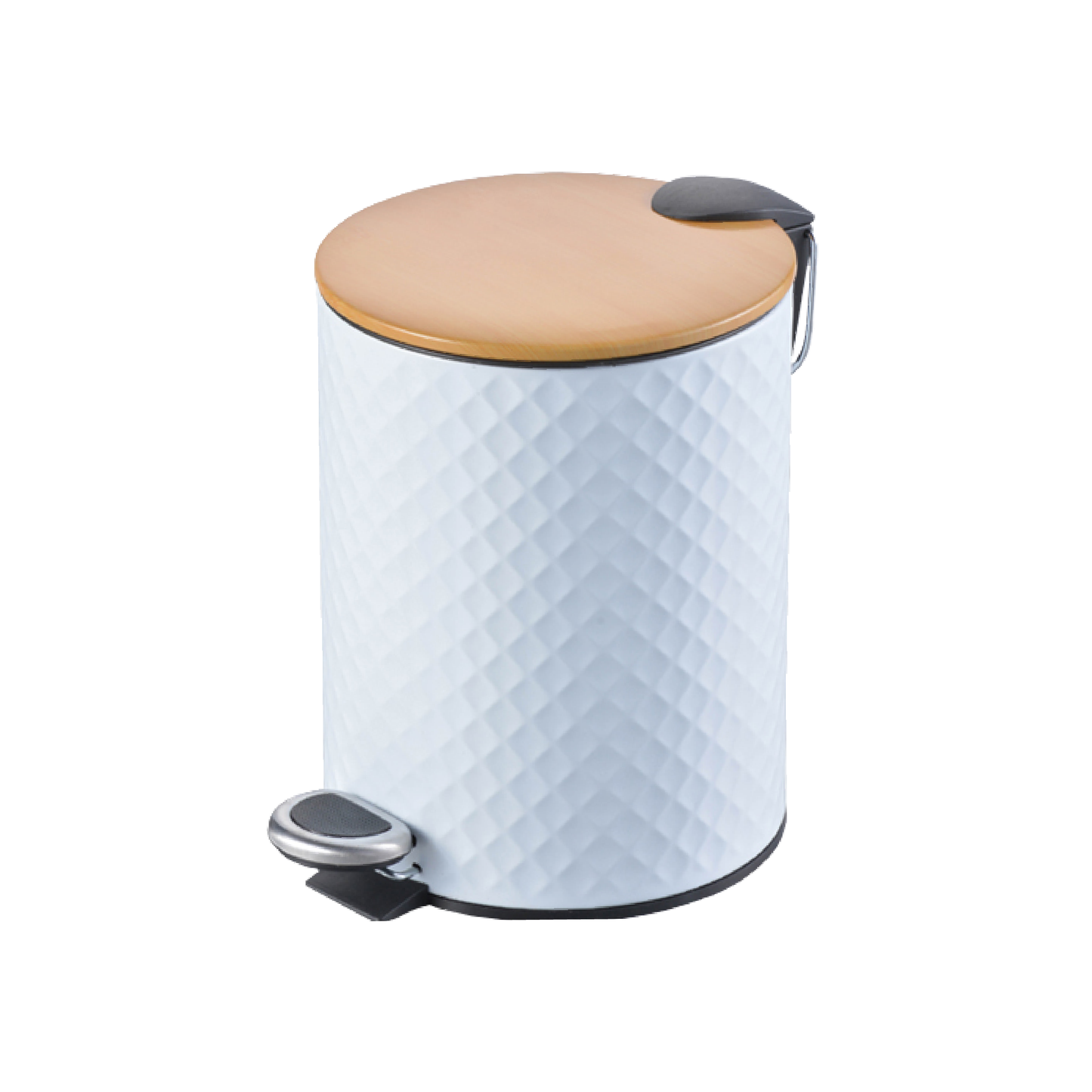 Textured White Stainless Steel Trash Can With Wooden Lid And Soft Closure - 5 Liters (1.3 Gallons)