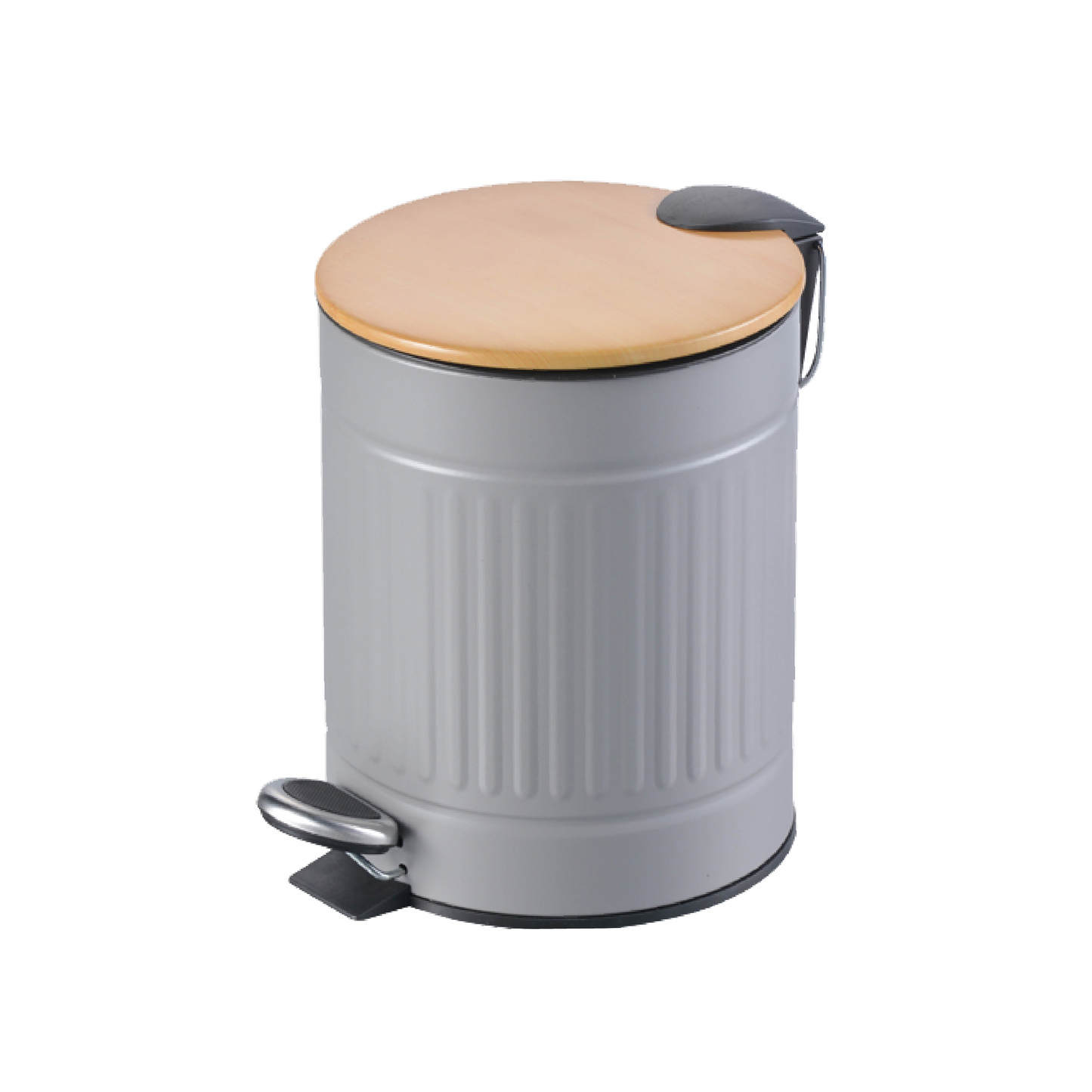 Textured Grey Stainless Steel Trash Can With Wooden Lid And Soft Closure - 5 Liters (1.3 Gallons)