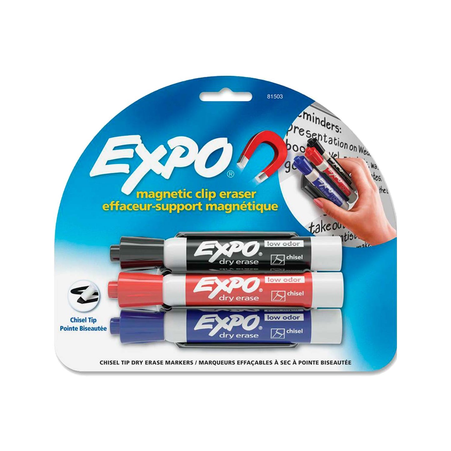 Expo Magnetic Clip Eraser- Chisel Marker Point Style - Red, Blue, Black - 3ct