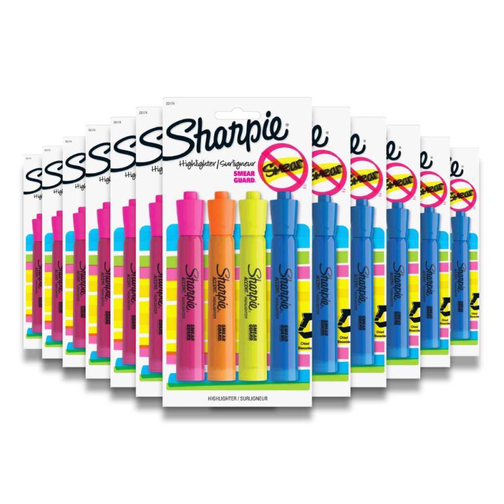 Sharpie Highlighters Smear Guard Chisel Tip Multicolored 4 ct/ea - 144 Pack