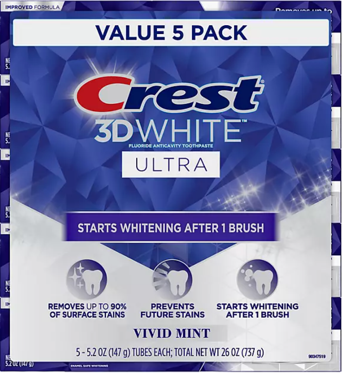 Crest 3D White Ultra Fluoride Anticavity Toothpaste, Vivid Mint - Bulk - 5 Pack - 5.2oz