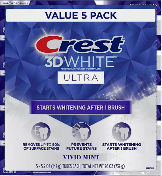 Crest 3D White Ultra Fluoride Anticavity Toothpaste, Vivid Mint - Bulk - 5 Pack - 5.2oz