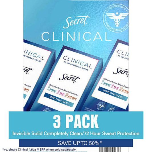 Secret Clinical Invisible Solid Antiperspirant, Completely Clean - 3 Pack - 1.6 oz