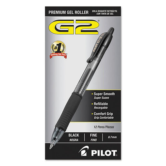 Pilot G2 Gel Roller Ball, Retractable, Fine, Black - 12 Ct