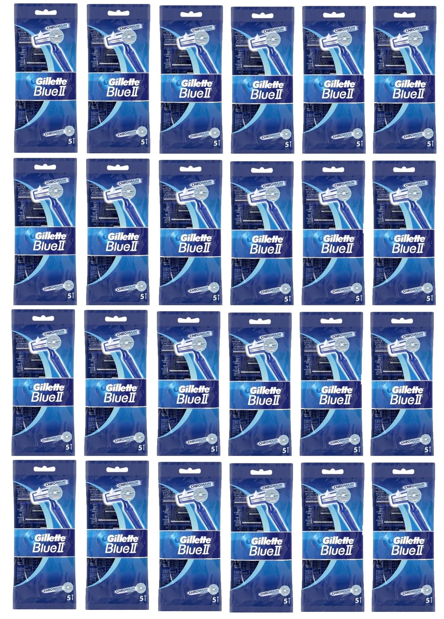 Gillette Blue II Chromium Coating Long Lasting Blades Disposable Razors Bulk 5 ct (ea) - 24 Packs