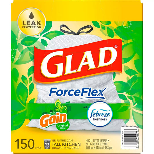 Glad ForceFlex Tall Kitchen 13 Gallon Drawstring Trash Bags Gain Original With Febreze Freshness- 150 Ct