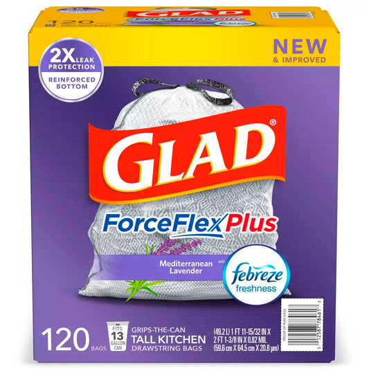 Glad ForceFlex Plus Tall Kitchen 13 Gallon Drawstring White Trash Bags, Mediterranean Lavender - 120 Ct