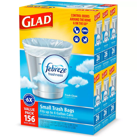 Glad Small Twist-Tie Trash Bags, Febreze Fresh Clean Scent - 4 Gal - 156 Ct