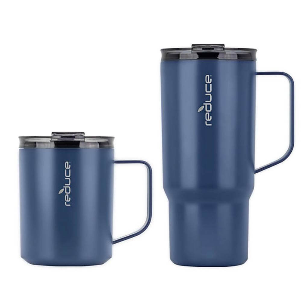 Reduce Vacuum Insulated Stainless Steel Hot Coffee Mug Set With Steam Release Lid, Blue - 14 oz & 24 oz