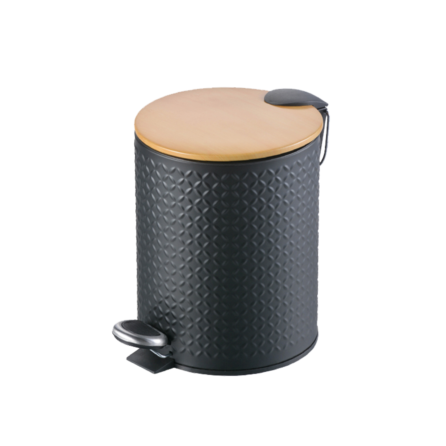 Textured Black Stainless Steel Trash Can With Wooden Lid And Soft Closure - 5 Liters (1.3 Gallons)
