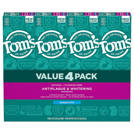 Tom's of Maine Fluoride-Free Antiplaque & Whitening Toothpaste, Peppermint - 5.5 Oz - 4 Pack